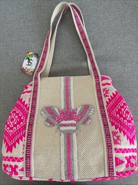 Pink and Cream Embroidered Tote Bag